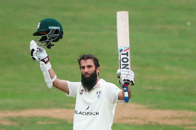 STAR ATTRACTION: Worcestershire's Moeen Ali celebrates his century. Picture by Alex Whitehead/SWpix.com