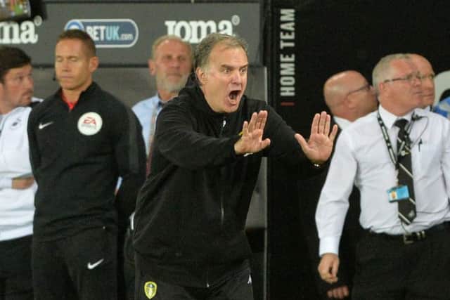 STICK TO THE PLAN! Leeds United boss Marcelo Bielsa shouts instructions to his players duringnthe 2-2 draw at Swansea City.  Picture: Bruce Rollinson.