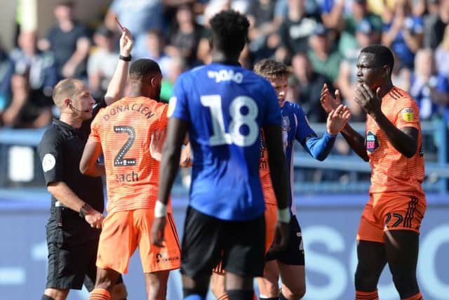 Red card for Ipswich's Aristote Nsiala. (Picture: Steve Ellis)