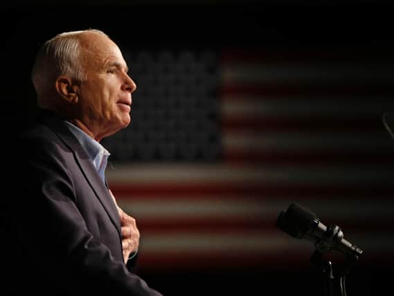 Republican presidential candidate Sen. John McCain, R-Ariz., speaks at a rally in Davenport, Iowa. Arizona Sen. McCain, the war hero who became the GOP's standard-bearer in the 2008 election, has died. He was 81. His office says McCain died Saturday, Aug. 25, 2018. He had battled brain cancer. (AP Photo/Gerald Herbert,)