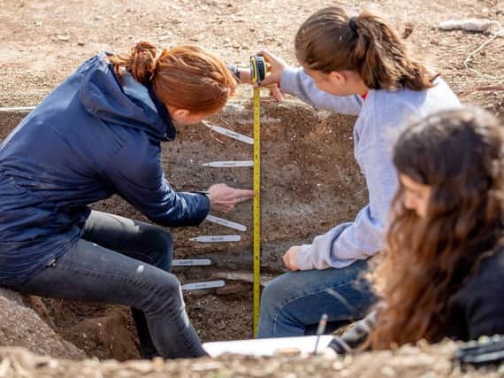 One of trenches dug showing the layers of ground and markers of the finds, with visiting archaeologists taking measurements. Credit: Charlotte Graham.