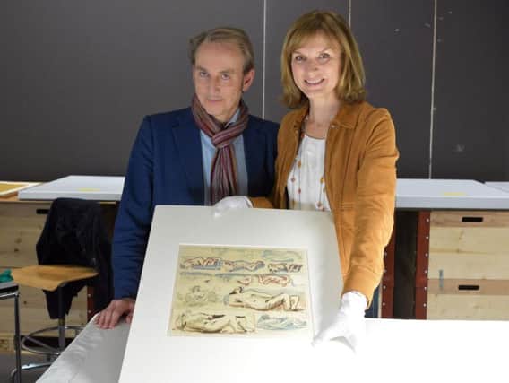 Philip Mould and Fiona Bruce from BBC One programme Fake Or Fortune? which has  identified among a Nazi art hoard housed in the Museum of Fine Art in Bern in Switzerland an authentic watercolour sketch by the British 20th-century sculptor Henry Moor