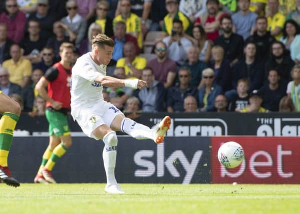 ON TARGET: Leeds Uniteds Ezgjan Alioski scores his sides second goal of the game against Norwich at Carrow Road. Picture: PA.