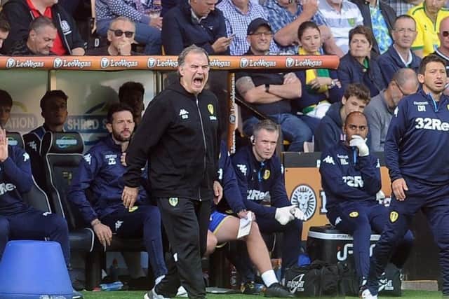 Marcelo Bielsa barks orders at his players from the touchline at Carrow Road on Saturday. Picture: Simon Hulme.