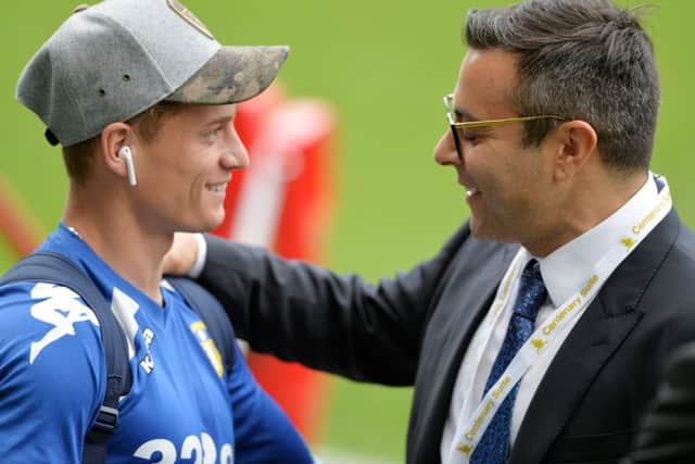 Ezgjan Alioski shares a few words with Leeds United chairman and owner, Andrea Radrizzani.  Picture: Bruce Rollinson
