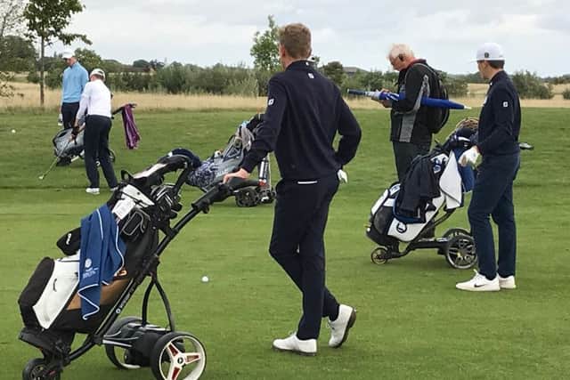 Yorkshire foursomes pairing Ben Schmidt, centre, and Josh Berry on their way to victory (Picture: Yorkshire Union of Golf Clubs).