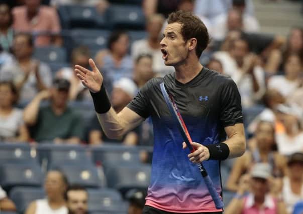 Andy Murray, of Great Britain, argues with the chair umpire during his match against Fernando Verdasco, of Spain, in the second round of the U.S. Open tennis tournament, Wednesday, Aug. 29, 2018, in New York. (AP Photo/Andres Kudacki)
