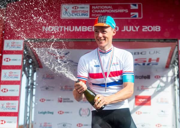 Connor Swift (Madison Genesis) celebrates his victory in the national road race championships in Northumberland in June (Picture: SWPix.com)