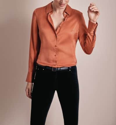 Silk satin blouse in Rich Orange, Â£120, at PureCollection.com and at John Lewis.