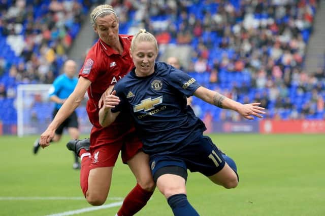 American education: Leah Galton, front, playing for Manchester United Womens team against Liverpool earlier this month kept her dream of professional football alive by attending university in America (Picture: PA)