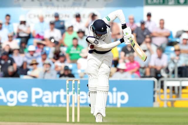 Yorkshire's Tom Kohler-Cadmore tries to fend off a short ball to his body. Picture: John Clifton/SWpix.com