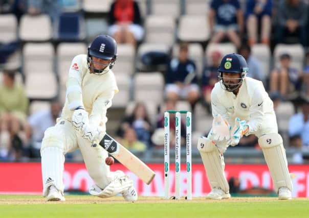 England's Sam Curran hits a six to reach his half century during the fourth test at the AGEAS Bowl. Picture: Adam Davy/PA
