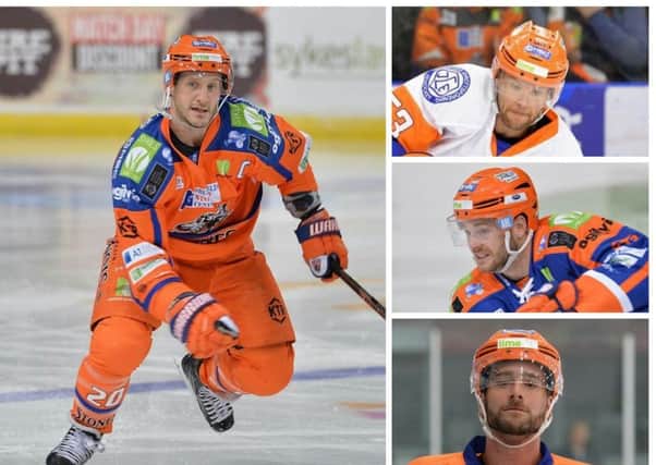 Sheffield Steelers captain Jonathan Phillips, left, will be supported by Aaron Johnson, top right, Robert Dowd, centre and Evan McGrath, bottom right. Pictures: Dean Woolley.