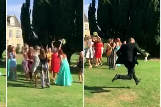 I don't! This wedding guest does a runner after his girlfriend catches the bride's bouquet. Photo: SWNS