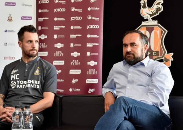 SACKED: Bradford City's head coach Michael Collins, left, with chairman Edin Rahic when he was unveiled in June.