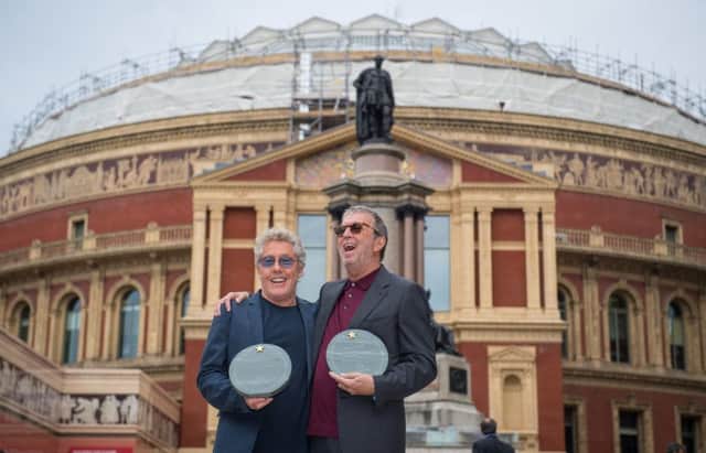 Roger Daltrey (left) and Eric Clapton outside the Royal Albert Hall, London, at the unveiling of 11 engraved stones recognising key people in the building's history ahead of its 150th anniversary.