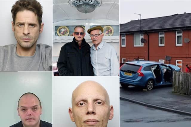 Top left: Gary O'Neil, jailed. Bottom left, Terry Honey, jailed. Bottom middle, Paul Cameron, jailed. Top middle, James and Francis Varey, the father and son attacked. Right: Where the three jailed men crashed