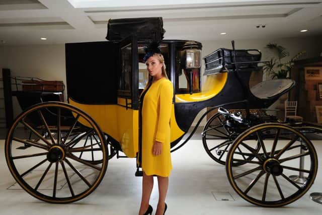 This is an early 19th century coach built by Thrupp and Maberly, which belonged to the Chaloner family at Gisborough Hall. The estimate is Â£7,000-10,000 plus buyers premium. The coach will feature in the Motor Vehicles & Automobilia Sale on Sunday 7th October.
Yellow wool crepe coat, from Â£795; wool crepe blue dress, from Â£695; headpiece, Â£295. All from from Julie Fitzma urice in Harrogate.
Location: Tennants Auctioneers, Leyburn. Picture by Simon Hulme