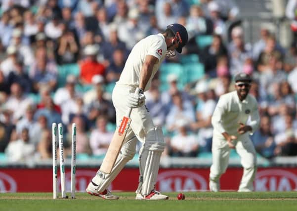 GONE: England's Alastair Cook is bowled out by India's Jasprit Bumrah during the test match at The Oval. Picture: John Walton/PA