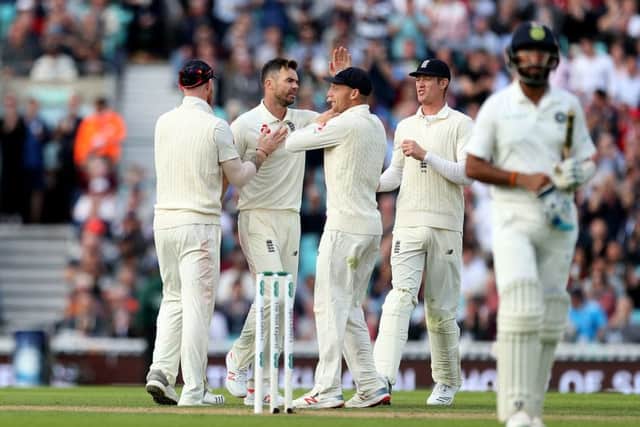 England's James Anderson celebrates the wicket of India's Cheteshwar Pujara Picture: Steven Paston/PA