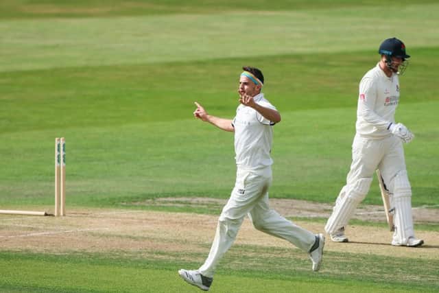 Yorkshire's Jack Brooks celebrates the wicket of Lancashire's Liam Livingstone. Picture: Alex Whitehead/SWpix.com