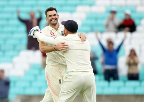 Englands James Anderson celebrates with wicketkeeper Jonny Bairstow after taking Indias last wicket to give his side victory at The Kia Oval in the fifth and final Test (Picture: Adam Davy/PA Wire).