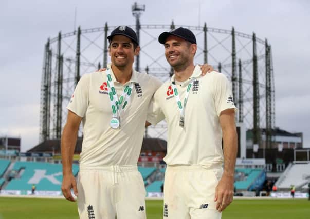 England's Alastair Cook and James Anderson pictured following their victory over India in the fifth and final Test match at The Kia Oval (Picture: Adam Davy/PA Wire).