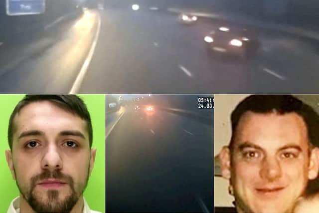 Top: the M1 u-turn. Left: Adrian Radu who is facing jail. Right: Mark Downham, killed in the smash. Photos: SWNS