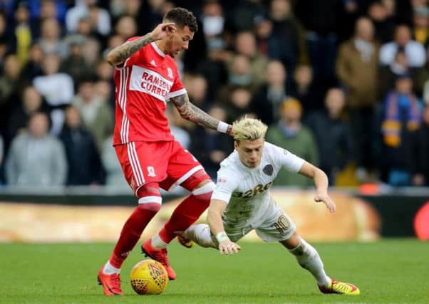 Sheffield United loanee Marvin Johnson drags the ball away from Leeds Uniteds Ezgjan Alioski while on duty with parent club Middlesbrough last season.