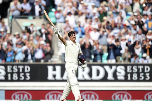 England's Alastair Cook celebrates reaching his century during his final Test match at The Kia Oval, London. (Picture Adam Davy/PA Wire)