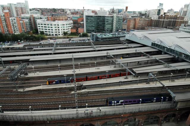 An aerial view of the main station in Leeds.
