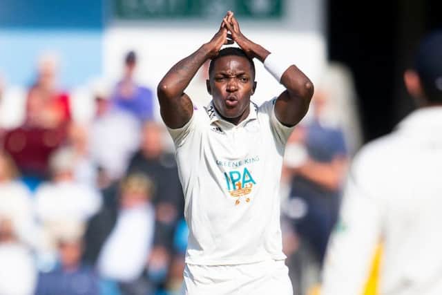Hampshire's Fidel Edwards exasperated after having an appeal turned down against Yorkshire. (Picture: Allan McKenzie/SWpix.com)