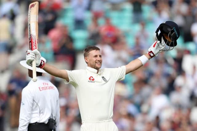 England's Joe Root celebrates his second innings century during the fifth Test against India at The Kia Oval. Picture: Adam Davy/PA