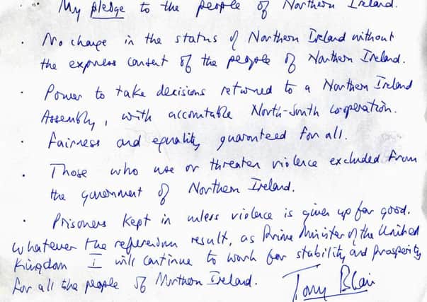 Does Tony Blair's handwritten pledge to the people of Northern Ireland following the Good Friday Agreement offer a template for peace in the Middle East?