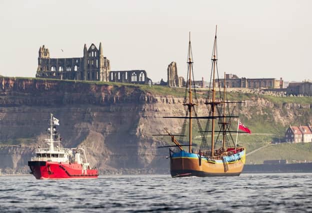 HM Bark Endeavour, a full-scale replica of Captain Cook's ship, sails into Whitby in July