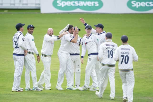 Yorkshire's Tim Bresnan celebrates  dismissing Hampshire's Liam Dawson with a catch from his own bowling. Picture: Allan McKenzie/SWpix.com