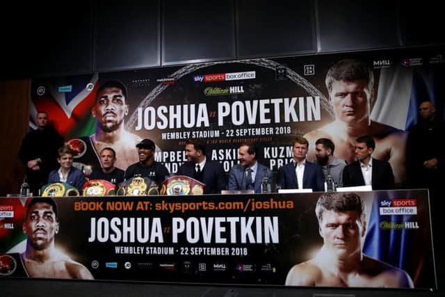Anthony Joshua and Alexander Povetkin during the press conference at Wembley Stadium. Picture: Tim Goode/PA Wire