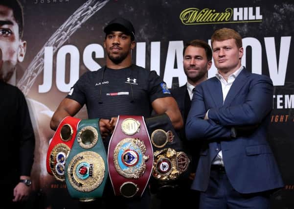 Anthony Joshua and Alexander Povetkin during the press conference at Wembley.