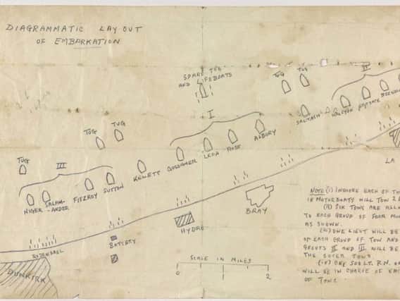 The sketch by Captain F K Theobald, of the 5th Battalion Royal West Kent Regiment, showing the evacuation plan for units of the British Expeditionary Force to escape from Dunkirk in May 1940, which features in the book The War on Paper: 20 Documents That Defined the Second World War. Photo: Estate of Captain F K Theobald/IWM/PA Wire