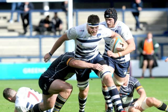 Yorkshire Carnegie's 
Matt Smith finds it tough going against Nottingham at Emerald Headingley. Picture: Stevr Riding.