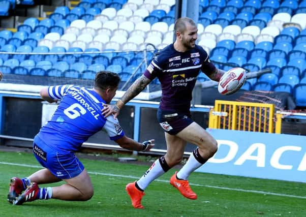 Halifax pushed Leeds Rhinos close, but the Super League came out on top on Sunday. On Saturday, all three Championship clubs beat their Super League opponents.. Rhinos Luke Briscoe scores his try. 23rd September 2018.