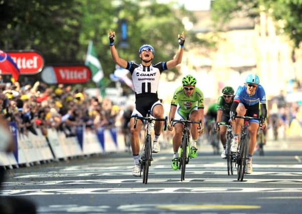 Marcel Kittell wins the first stage of the 2014 Tour de France in Harrogate from Peter Sagan after Mark Cavendish crashed at the bottom of Parliament Street. 5 July 2014. Picture: Bruce Rollinson.