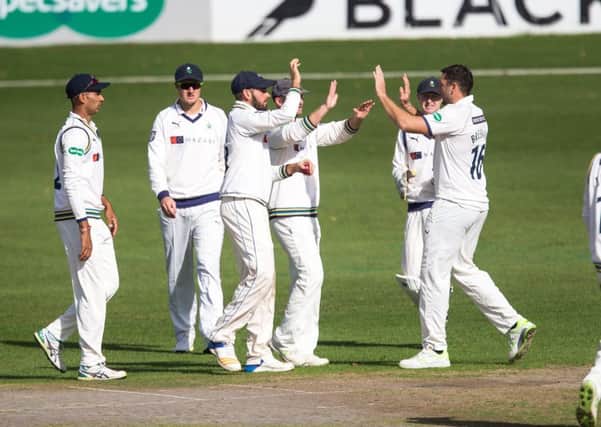 Yorkshire players celebrate a wicket at New Road. Picture: John Heald.