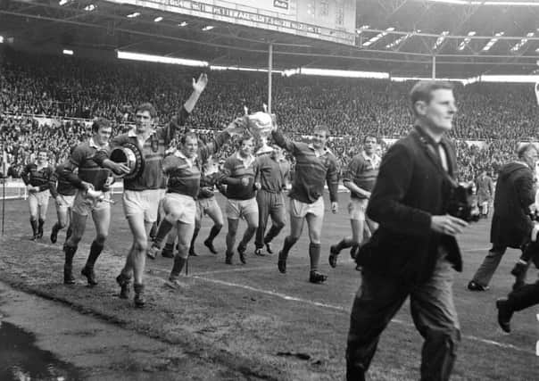 Leeds celebrate their victory over Wakefield at Wembley in 1968