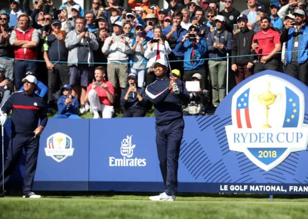A huge crwod watches as Tiger Woods practises during preview day two for the Ryder Cup at Le Golf National, Saint-Quentin-en-Yvelines, in Paris (Picture: Adam Davy/PA Wire).