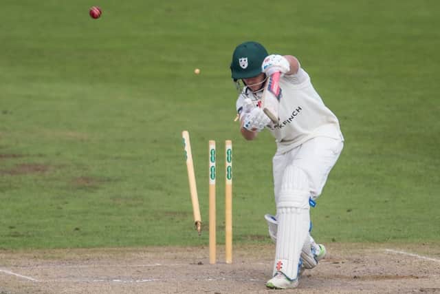 GOT HIM: Joe Clarke is bowled by Steven Patterson at New Road. Picture courtesy of John Heald