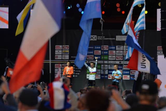 2018 UCI World Cycling Championships.  Elite Mens Time Trial, Podium, (l-r) Tom Dumoulin, 2nd, World Champion Rohan Dennis, 3rd Victor Campenaerts.  Picture Bruce Rollinson