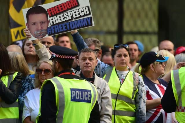 Tommy Robinson supporters outside the Old Bailey in London as the former English Defence League (EDL) leader is accused of contempt of court. He is alleged to have committed contempt of court by filming people in a criminal trial and broadcasting footage on social media. Photo: PA
