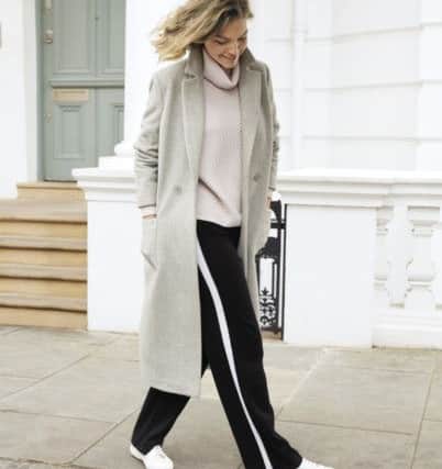 Longline double-breasted coat, Â£269; cashmere contrast joggers,
Â£169. Both at The White Company.
