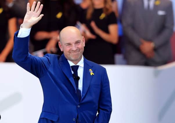 Europe captain Thomas Bjorn waves to the crowd during the opening ceremony of the Ryder Cup at Le Golf National, Saint-Quentin-en-Yvelines, Paris (Picture: Gareth Fuller/PA Wire).